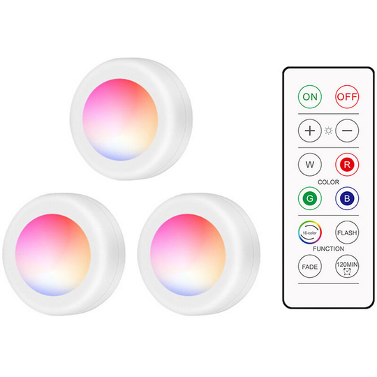 LEDs Puck Light Cabinet Lighting with Remote 16RGB Closet Light 10 Dimmer Timer Function Wirelessly Battery Operated Night Lamp for Kitchens