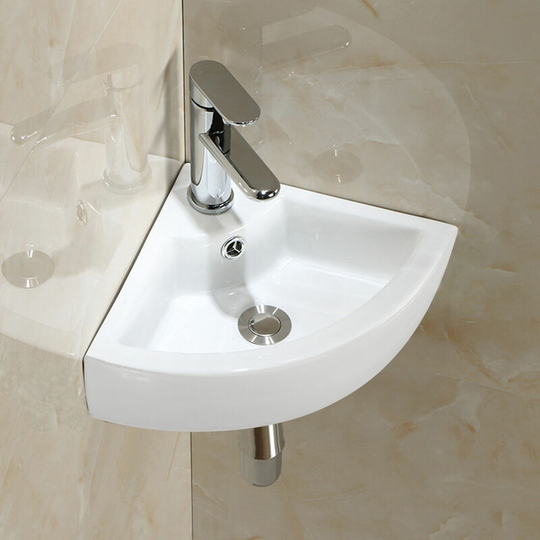Bathroom Cloakroom Ceramic Vessel Sink, Countertop Basin Wash Sink with Pop-up Drain, Gloss White Porcelain Vanity Vessel (Corner Fan-Shaped)