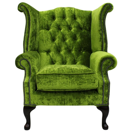 Chesterfield Queen Anne High Back Wing Chair Modena Pistachio Green Velvet