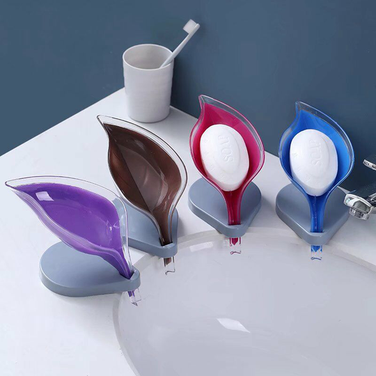 4pcs sheet-shaped soap box, silicone storage tray dish soap dish, suction cup, anti-slip plastic drainage box, bathroom supplies