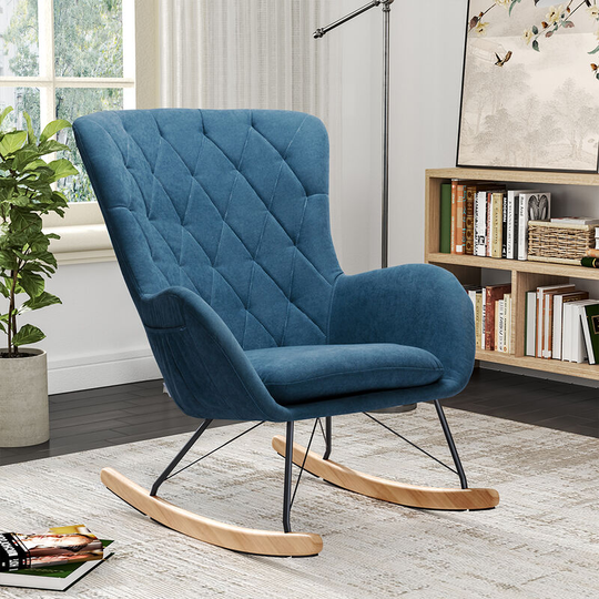 Livingandhome Rhombus Linen Rocking Chair Armchair with Pocket, Blue
