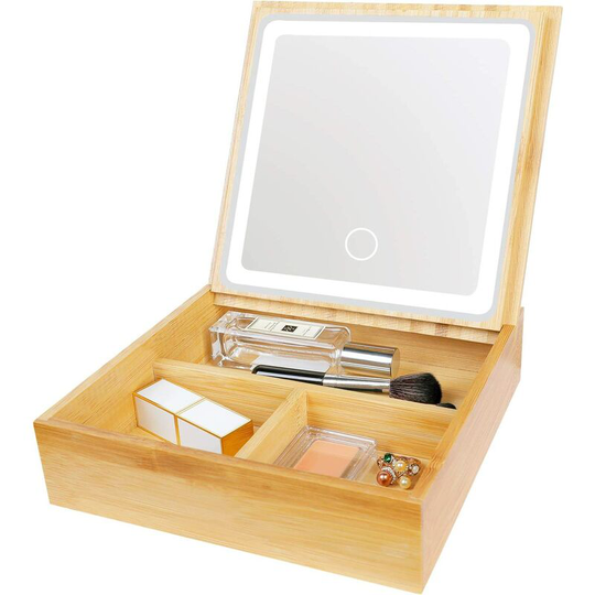 2 in 1 Bamboo Makeup Mirror with Lights and Storage - Desk Mirror with 3 Color Lights - Rechargeable Adjustable Lighted Makeup Mirror with Touch
