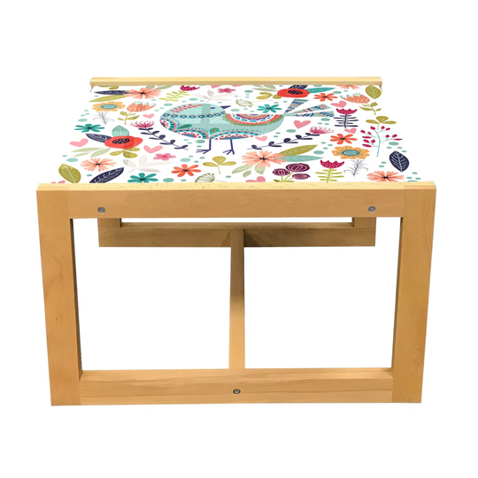 Bird Print Coffee Table, Folkloric Ornamental Avian Animal With Botanical Floral Design Illustration, Acrylic Glass Center Table With Wooden Frame For