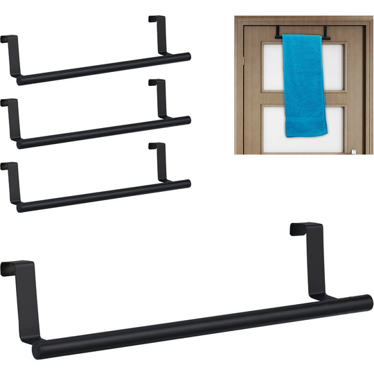 Relaxdays Set of 4 Towel Holders for Doors & Closet, Hanging, Stainless Steel, Rail, Kitchen & Bathroom, Black