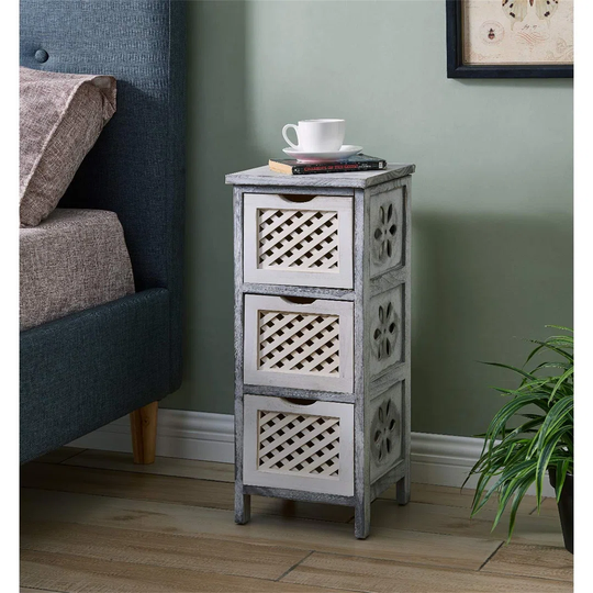 Stylish 3 Tier Drawer Wooden Bathroom Woven Cupboard Shelf Storage Cabinet Bedside Living Room Bedroom Unit - Grey - Fully Assembled (Minerva 3 Drawer