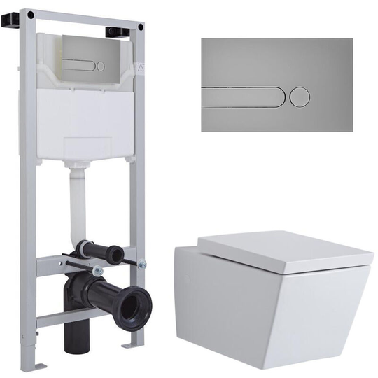 Milano - Dalton - White Ceramic Modern Bathroom Wall Hung Square Toilet wc with Tall Wall Frame Cistern and Dot Satin Chrome Flush Plate