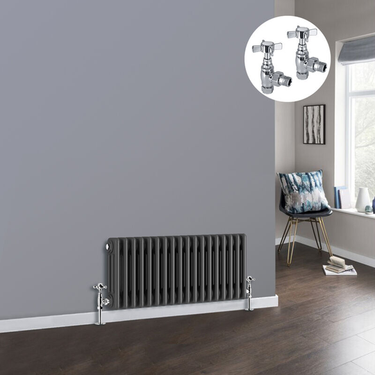 Anthracite 3 Column Traditional Cast Iron Style Radiator with Chrome Angled Cross Head Manual Valves Horizontal 300x832mm