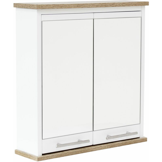 White & Oak Effect Bathroom Mirrored Storage Cabinet - White