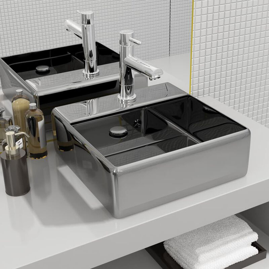 Wash Basin with Overflow 41x41x15 cm Ceramic Silver - Silver