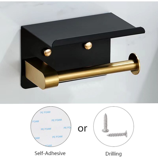 Self Adhesive Toilet Paper Holder with Phone Shelf Wall Mounted Stainless Steel Toilet Roll Holder (Black Gold) - Rustproof and Toilet Roll Holder