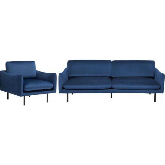 Velvet Sofa Set 3 Seater Armchair Navy Blue Fabric Black Legs Vinterbro - Blue