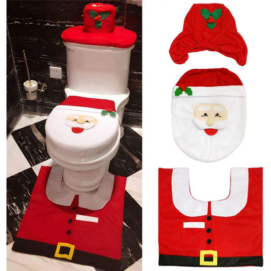 Set of 3 Santa Claus Toilet Seat Covers and Mats - Warm and Washable - Bathroom Accessories (Santa Claus)
