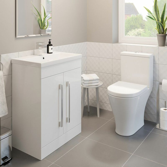 Affine - 600mm Bathroom Gloss White Vanity Unit Basin Sink Modern Close Coupled Toilet - White