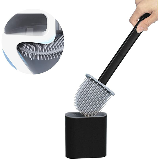 Silicone Toilet Brush and Holder, Long Handle Detachable Toilet Brush, Floor/Wall Mountable with Water Filter Base, for Corners and Small Gaps