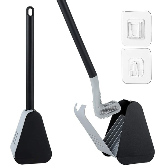 Silicone Toilet Cleaning Brush with Quick Dry Holder Toilet Brush with Long Plastic Handle for Bathroom (Black)