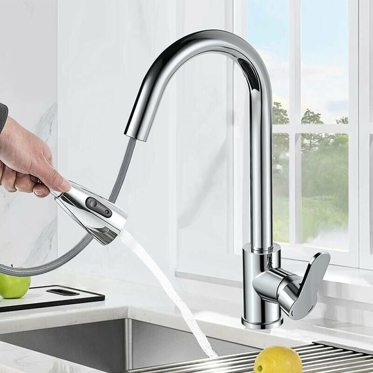 Kitchen Faucet with Pull Out Spray, 360° Rotatable Flexible Kitchen Sink Mixer Tap, 2 Spray Modes Kitchen Sink Faucet with High Spout, Chrome Brass