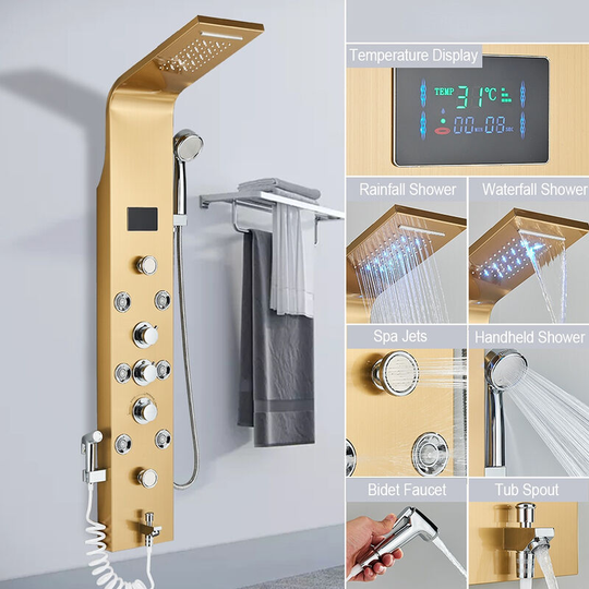 Shower Panel for Bathroom Hydromassages 6 Jets Shower System Multifunctional Shower Panel 6 Large Massaging Nozzles Shower Column,Gold