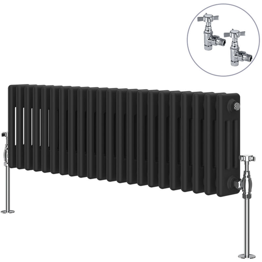 Traditional Rad Cast Iron Style Radiator Black + Chrome Angled Traditional Radiator Manual Valves 300x1010mm Horizontal Triple Column
