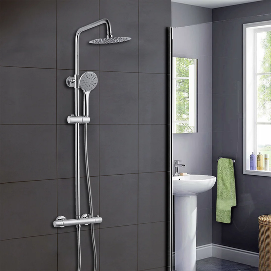 Thermostatic Exposed Shower Mixer Bathroom Twin Head Large Round Bar Set Chrome