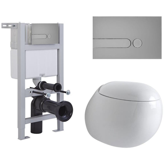 Milano - Mellor - White Ceramic Modern Bathroom Wall Hung Round Toilet wc with Short Wall Frame Cistern and Dot Satin Chrome Flush Plate