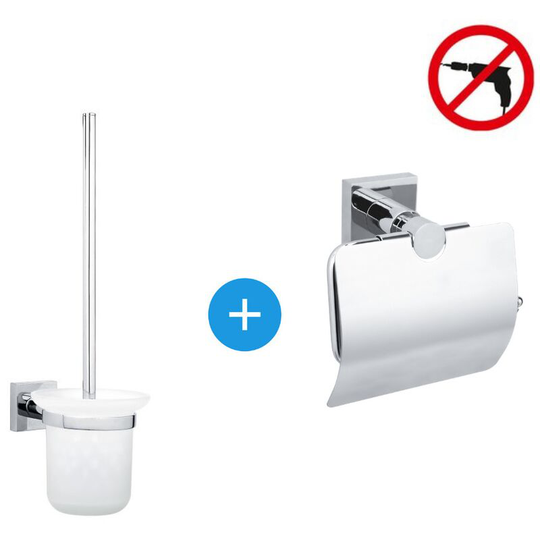 Hukk Set Unwinder with stainless steel cover + toilet brush, easy installation without drilling, Chrome (40247-DUO ) - Tesa