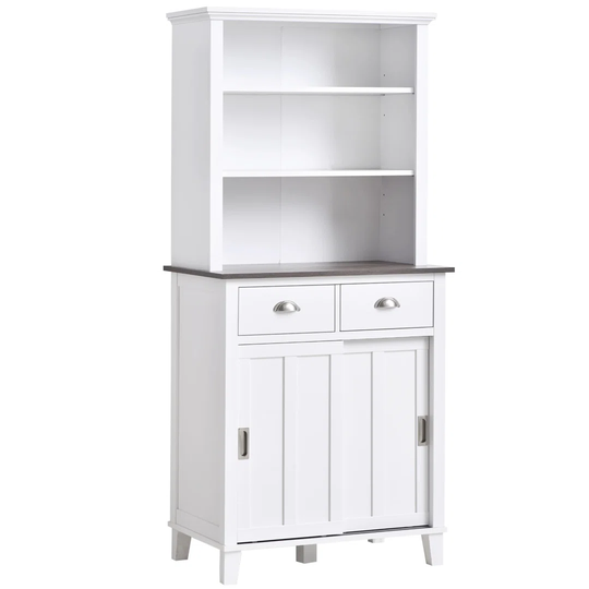 Freestanding Kitchen Cupboard, Storage Cabinet With Sliding Doors And Open Shelves