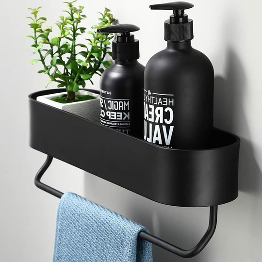 Glue Bathroom Shelf Without Drilling Black, Shower Basket Shower Organizer Storage Basket for Shampoo with Towel Bar (30cm)