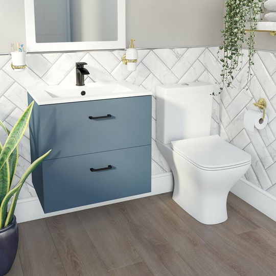 Lea ocean blue wall hung vanity unit with black handle 600mm and Derwent square close coupled toilet suite - Blue - Orchard