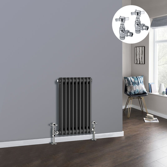 Anthracite 2 Column Traditional Cast Iron Style Radiator with Chrome Angled Cross Head Manual Valves Horizontal 600x425mm