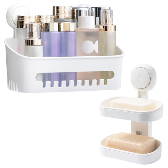Suction Cup Shower Caddy & Soap Holder Pack Of 2 Shower Shelf NO-Drilling Removable Bathroom Organizer Set Heavy Duty Basket For Bathroom & Kitchen -