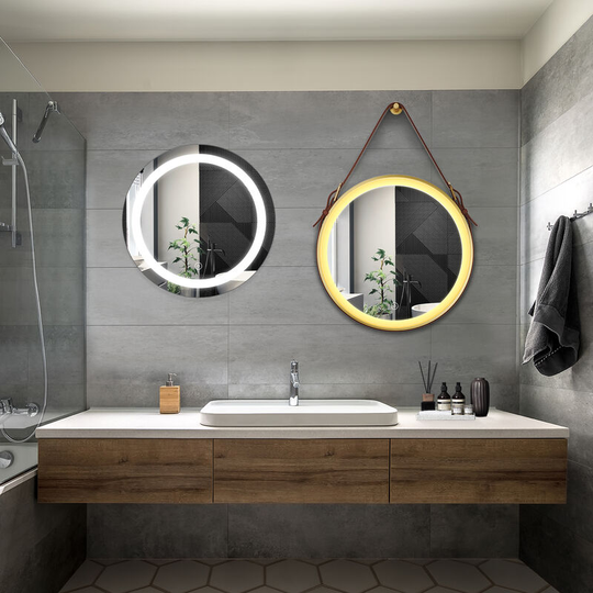 Elegant - Bathroom led Mirror Modern Wall Mounted Round Bathroom Mirror 600x600mm Backlit + 600x600mm Gold Frame Both with Demister Pad