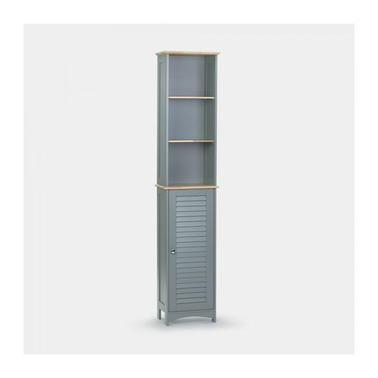 Tall Bathroom Cabinet - Freestanding Storage Cupboard - Grey Slimline Tallboy Unit with 6 Shelves and 1 Door - Wooden Shutter Style Furniture for