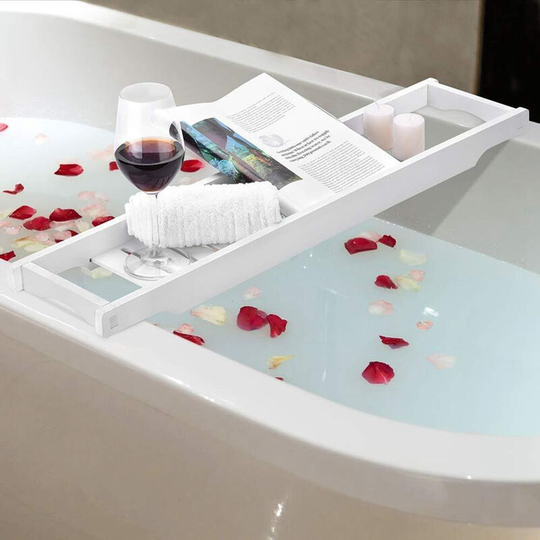 Bamboo Wood Bath Bathtub Rack Storage Tray Holder, White - Livingandhome