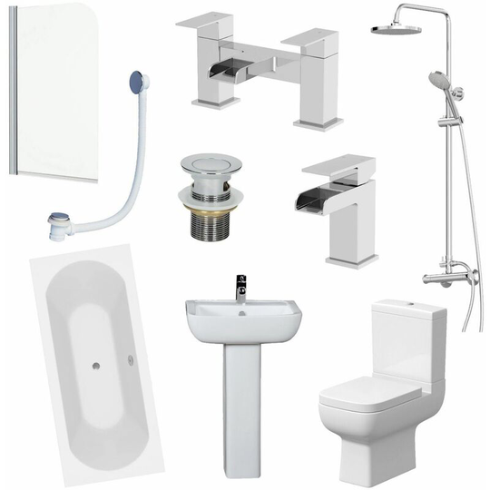 1800mm Bathroom Suite Double Ended Bath Shower Screen Toilet Basin Pedestal Taps - White