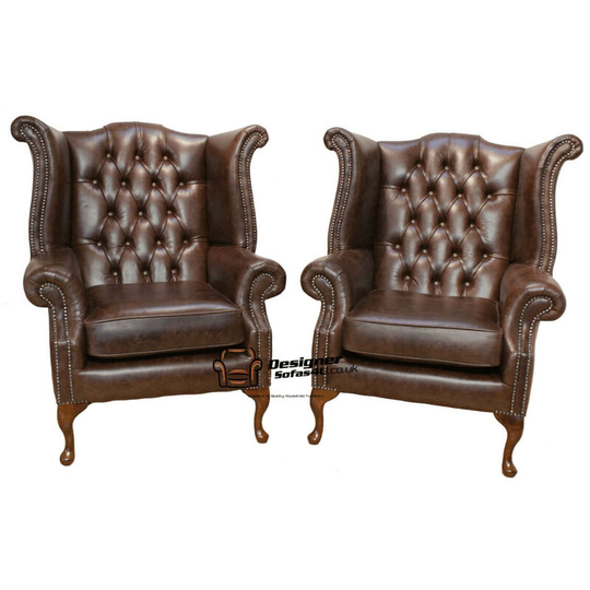 Chesterfield Offer Pair Queen Anne High Back Wing Chair Oil Pull Up Leather Brown