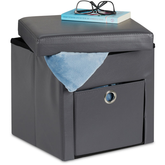 Footstool with Storage Space, Folding Stool Seat, hwd: 38 x 37 x 37 cm, with Drawer, for Armchairs, Grey - Relaxdays