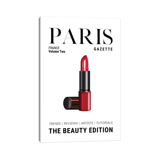 Paris Gazette Beauty Magazine Cover With Classic Red Lipstick by Design Harvest - Wrapped Canvas Advertisement