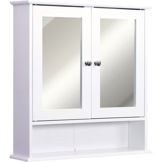 Wall-mounted Cabinet Mirror Door Bathroom Organiser Living Room White - White - Kleankin