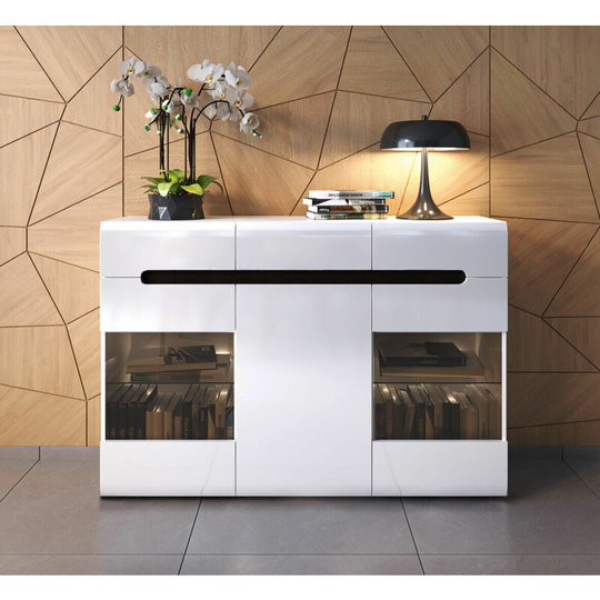 Impactfurniture - Large Buffet Sideboard Display Cabinet Glass Doors led Light White Gloss Azteca - White Gloss