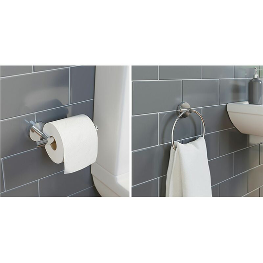 Bathroom Set Towel Ring Toilet Roll Holder Chrome Round Wall Mounted Stylish - Silver