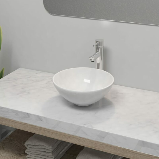 Bathroom Basin with Mixer Tap Ceramic Round White - White