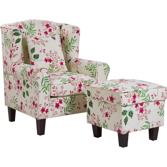 Beliani - Classic Armchair with Footstool Floral Pattern Wooden Legs Cream Hamar - Beige
