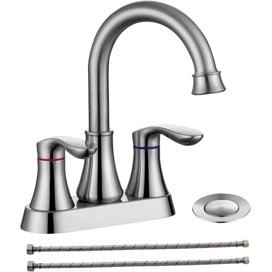 Two Handle Kitchen Faucets High Arc Bathroom Basin Sink Faucets Ceramic Valve Brushed Finished 360 Degree Swivel Water Tap with Drain Stopper
