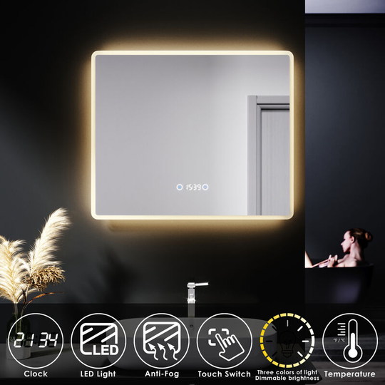 Led Illuminated Bathroom Mirror with Clock Temperature Display Anti-foggy Led Mirror Three Color Mode 600 x 500mm - Elegant