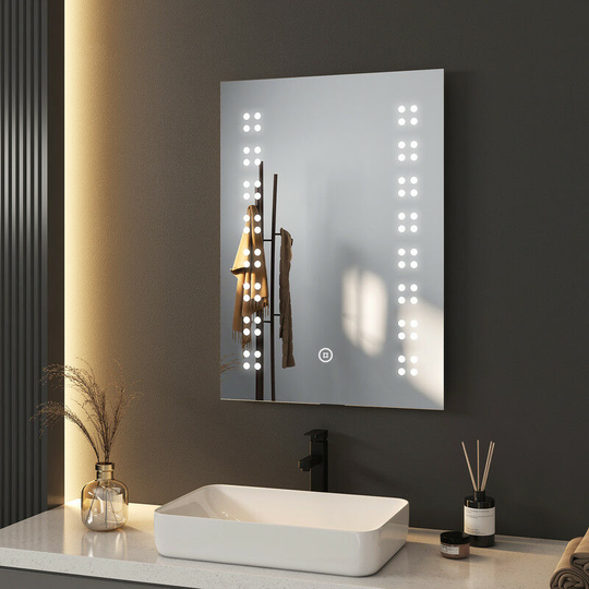 Illuminated Bathroom Mirror with Demister 70x50cm, led Bathroom mirror with Touch, Cool White Light and Shaver socket - 50x70x3.5cm | Touch +