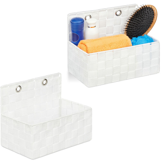 Set of 2 Hanging Storage Baskets, Bathroom Organiser Box, Hallway, Bedroom, Sorter HxWxD: 20x25x15 cm, White - Relaxdays