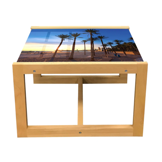Landscape Coffee Table, Spain Beach Sunset Exotic Palms Trees Sandy Coast And Ocean, Acrylic Glass Center Table With Wooden Frame For Offices Dorms Co