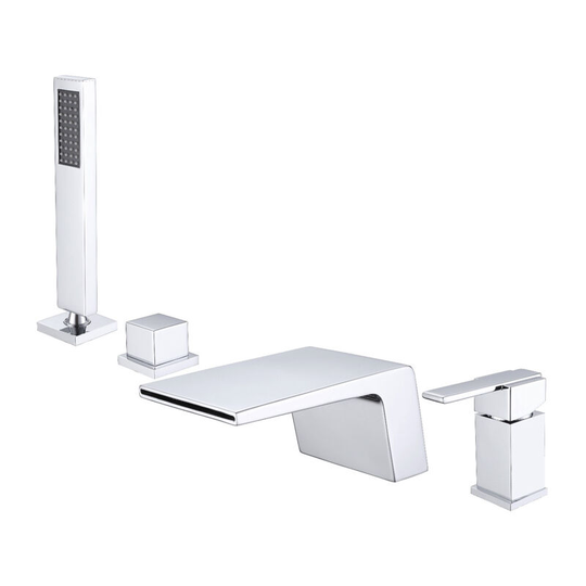 Sophisticated deck-mount tub faucet with hand shower in chrome or black chrome solid brass