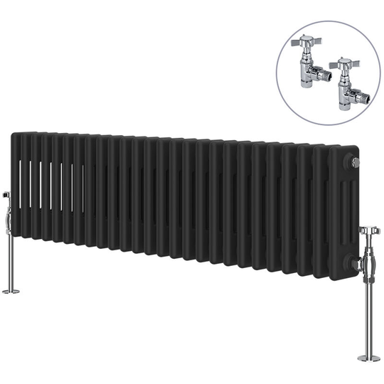 NRG - Traditional Rad Cast Iron Style Radiator Black + Chrome Angled Traditional Radiator Manual Valves 300x1190mm Horizontal Triple Column