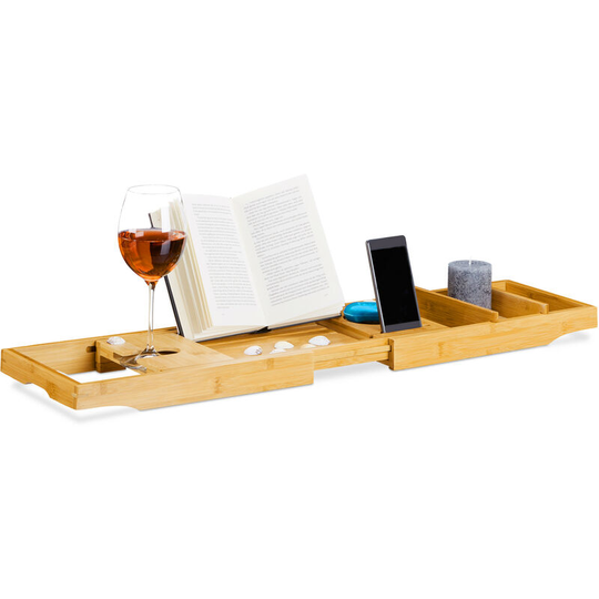 Extending Bathtub Caddy, Bamboo Bathroom Rack with Bookstand with Glass Holder, Natural - Relaxdays